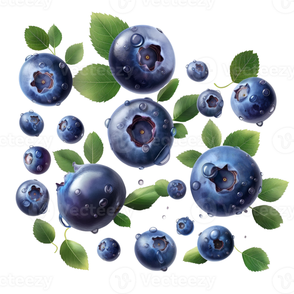 AI generated Ripe Blueberries falling in air with Blueberry leaves, Healthy organic berry natural ingredients concept, AI generated, PNG transparency