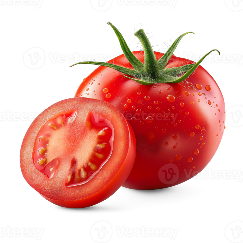 ai generiert frisch Tomate mit Tomate Scheibe isoliert, gesund und organisch Essen, ai generiert, png transparent mit Schatten