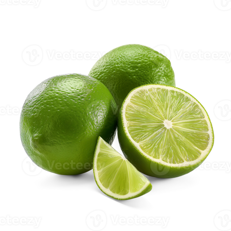 AI generated Limes with lime slice isolated on white background, Healthy organic natural fresh citrus fruit concept, AI generated, PNG transparent with shadow