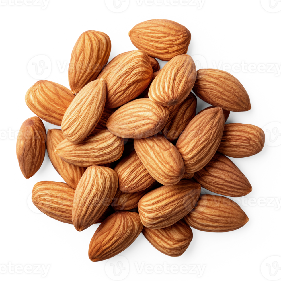 AI generated Almonds pile healthy snack isolated on a white background, showcasing their natural organic and raw quality, AI generated, PNG transparent with shadow