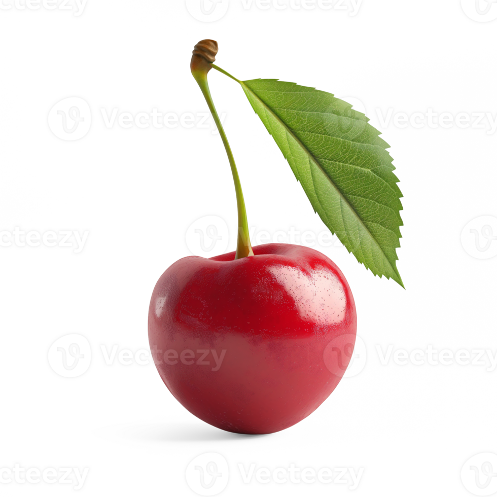 AI generated Red cherry with cherry leaves isolated on white background, Healthy organic berry natural ingredients concept, AI generated, PNG transparent with shadow