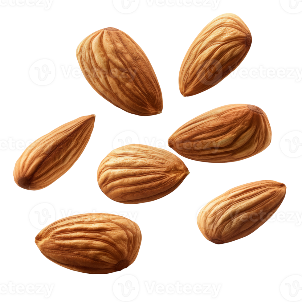 AI generated Almonds falling healthy snack isolated on a white background, showcasing their natural organic and raw quality, AI generated, PNG transparent