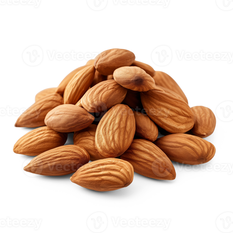 AI generated Almonds pile healthy snack isolated on a white background, showcasing their natural organic and raw quality, AI generated, PNG transparent with shadow