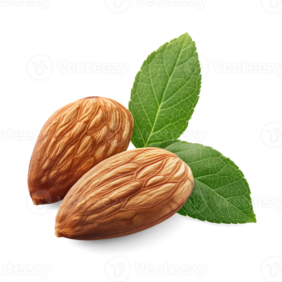 AI generated Almonds with almond leaves healthy snack isolated on a white background, showcasing their natural organic and raw quality, AI generated, PNG transparent with shadow