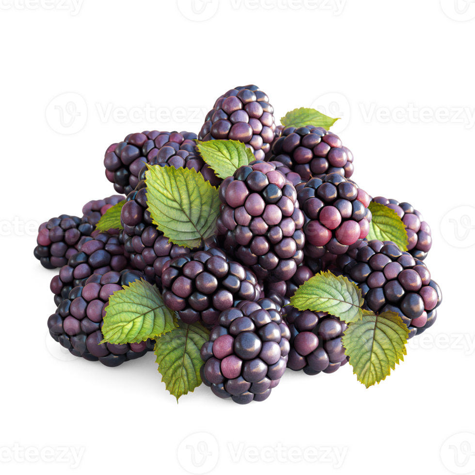 AI generated Blackberries pile with Blackberry leaves on the floor, Healthy organic berry natural ingredients concept, AI generated, PNG transparency with shadow