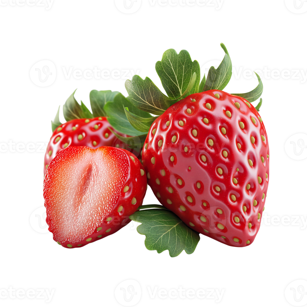 AI generated Strawberries with strawberries leaves on the floor, Healthy organic berry natural ingredients concept, AI generated, PNG transparency with shadow