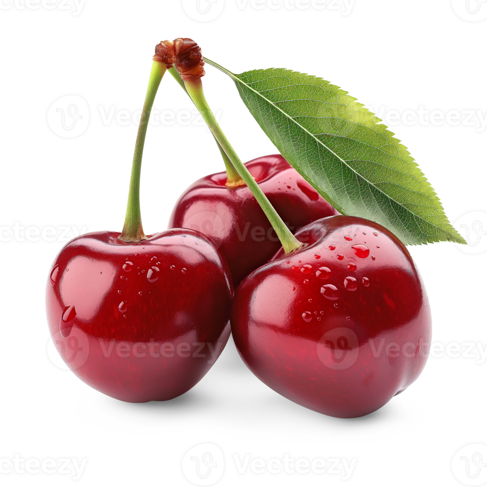 AI generated Ripe Cherries with Cherries leaves on the floor, Healthy organic berry natural ingredients concept, AI generated, PNG transparent with shadow