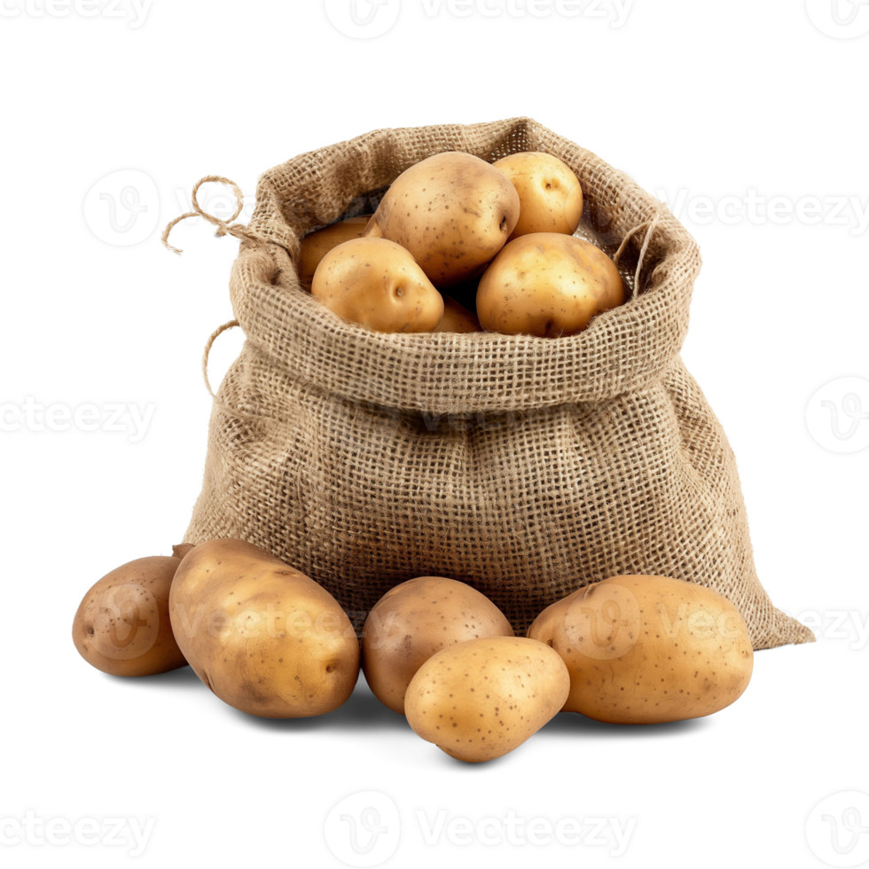 AI generated Fresh organic potatoes in bag sacks isolated on white background, healthy and organic food, AI generated, PNG transparent with shadow