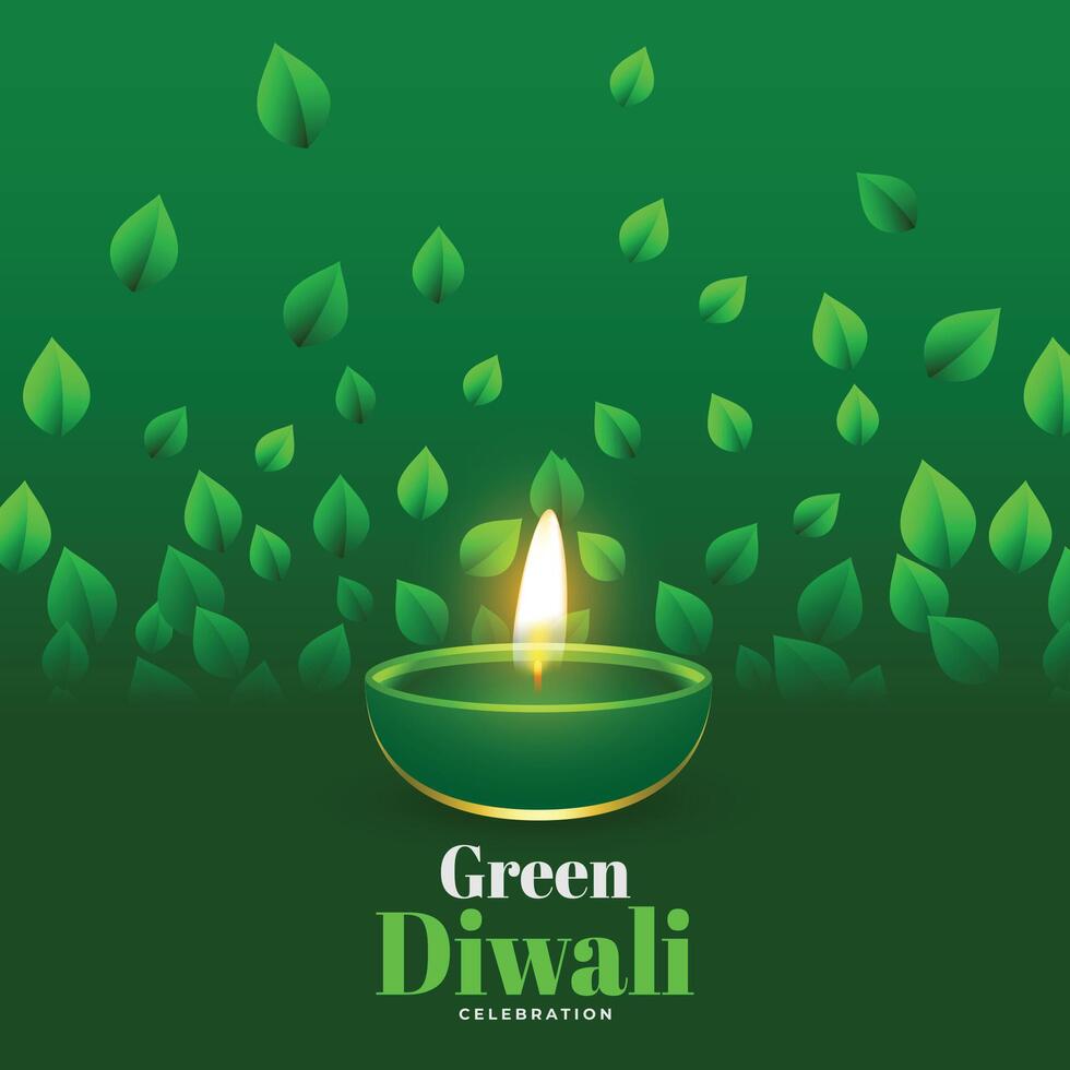 happy green diwali decorative background with bright diya and leaves design vector