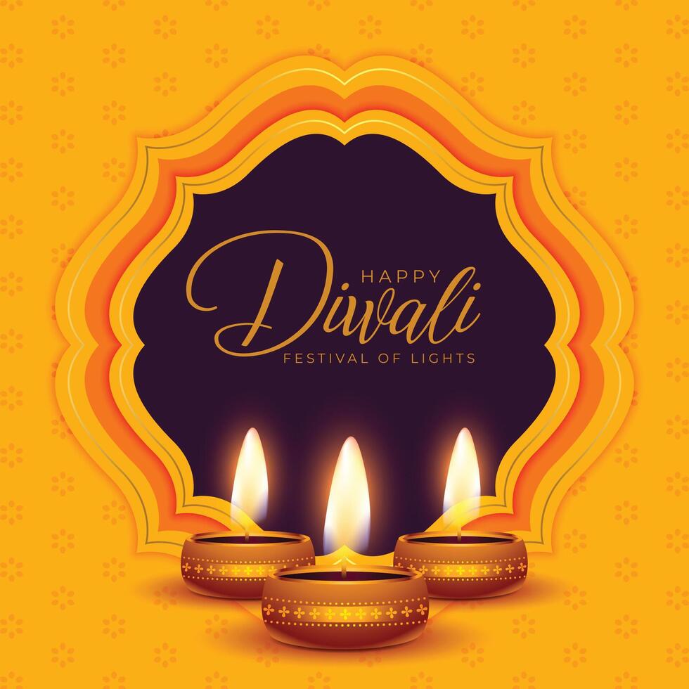 happy diwali festival poster with diya on yellow background vector