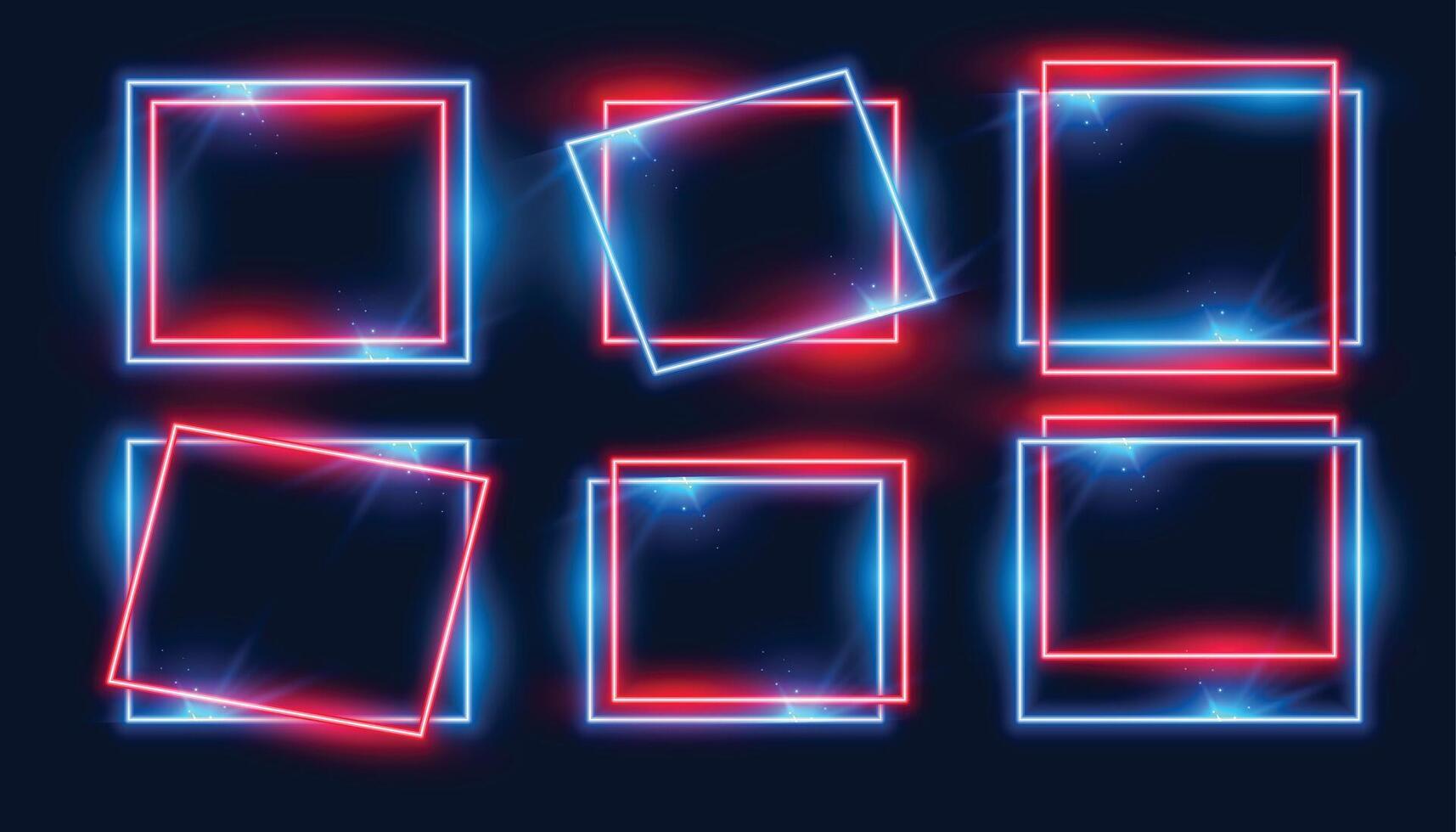 rojo y azul rectangular neón marcos conjunto de seis vector