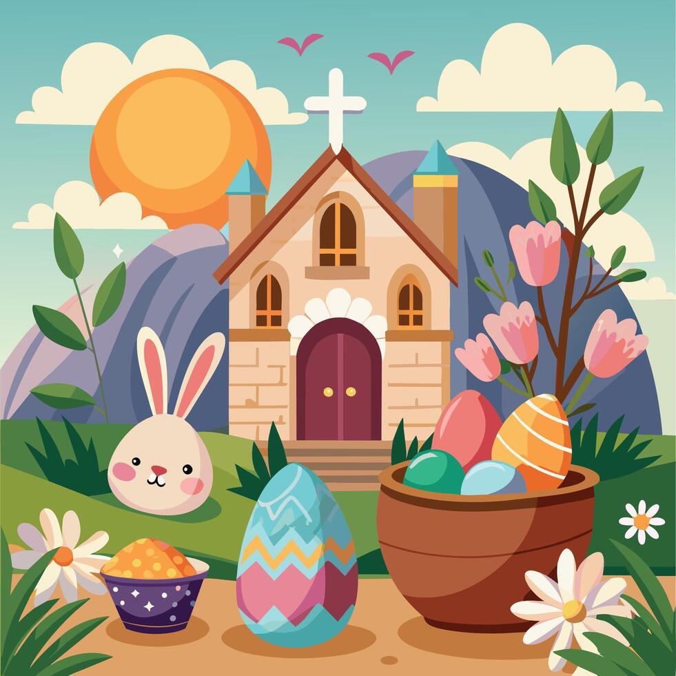 happy easter card with house and eggs in the garden vector illustration design