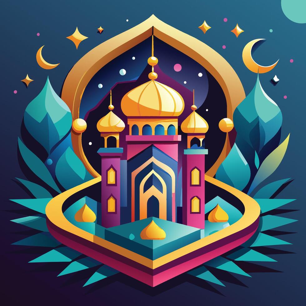 Vector illustration of Ramadan Kareem greeting card with mosque and moon.