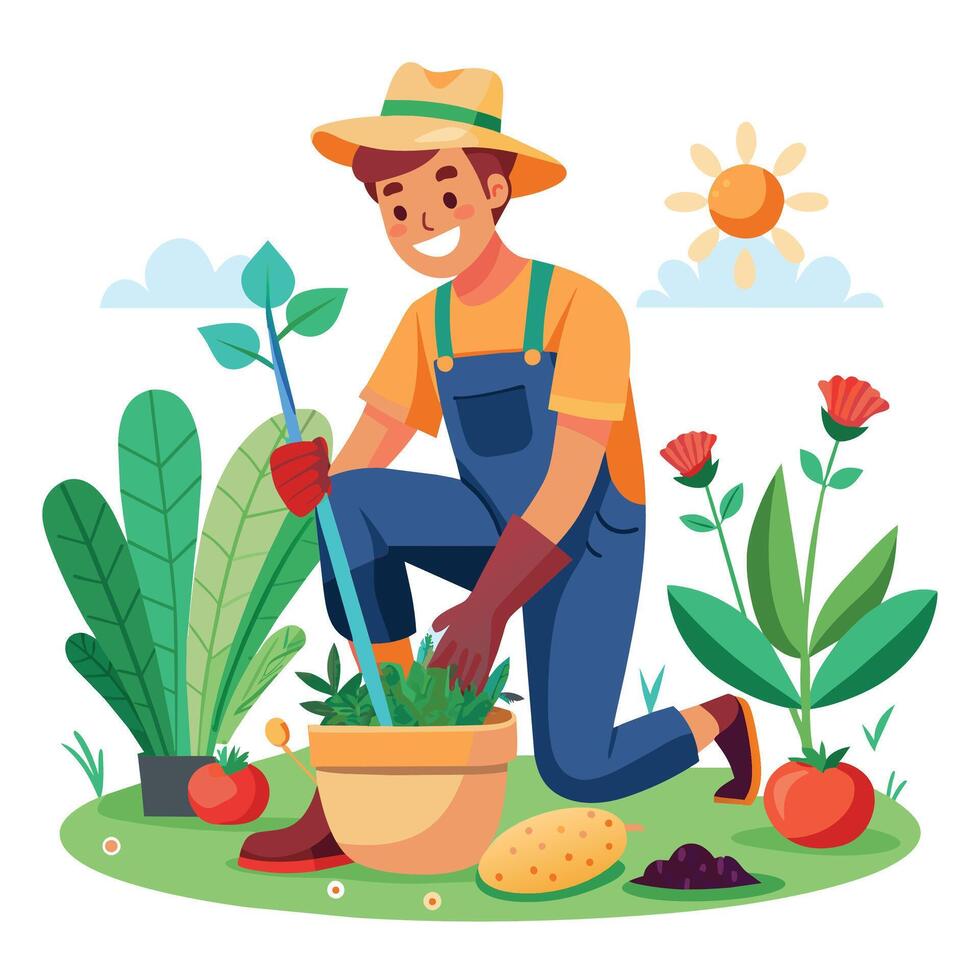 Gardener working in the garden. Flat style vector illustration.