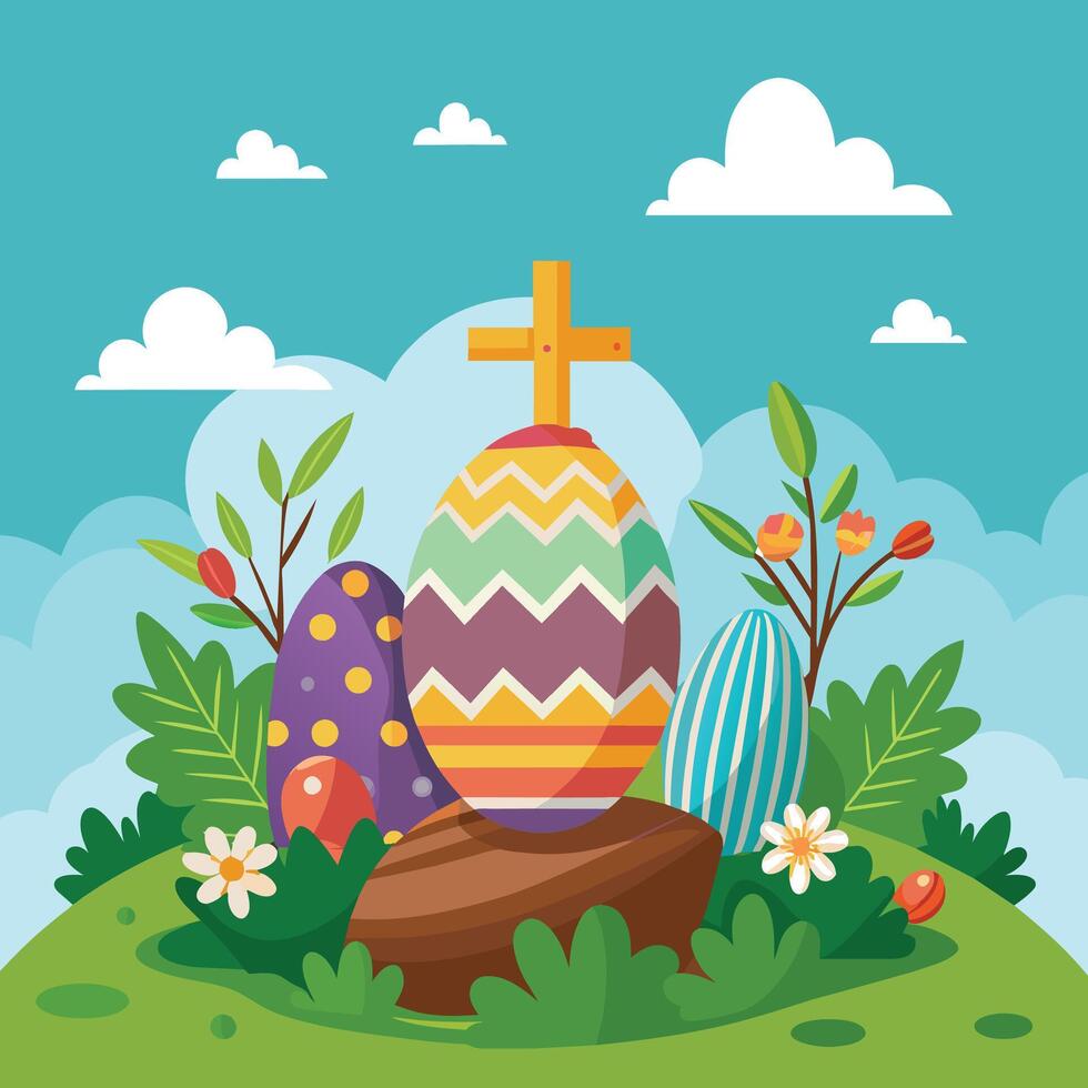 happy easter card with eggs and cross in the grass vector illustration design