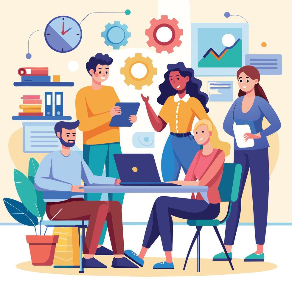 Teamwork concept in flat style. Group of people working together. Vector illustration