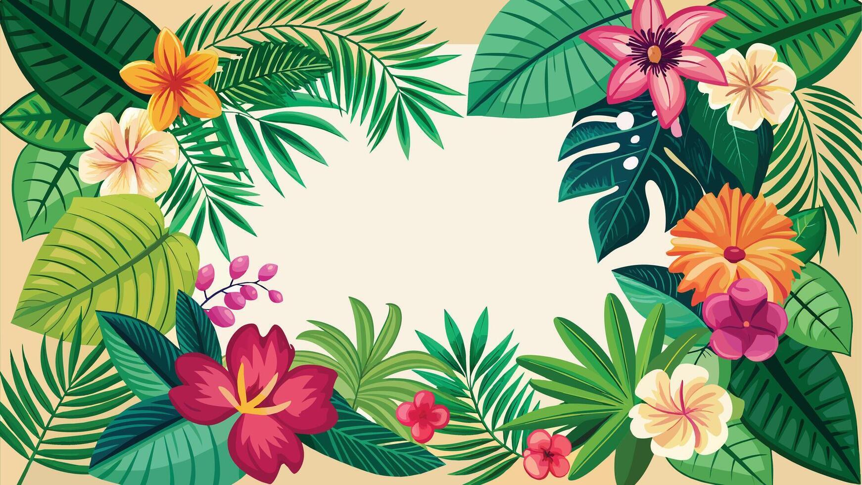 Tropical background with flowers and palm leaves. Vector