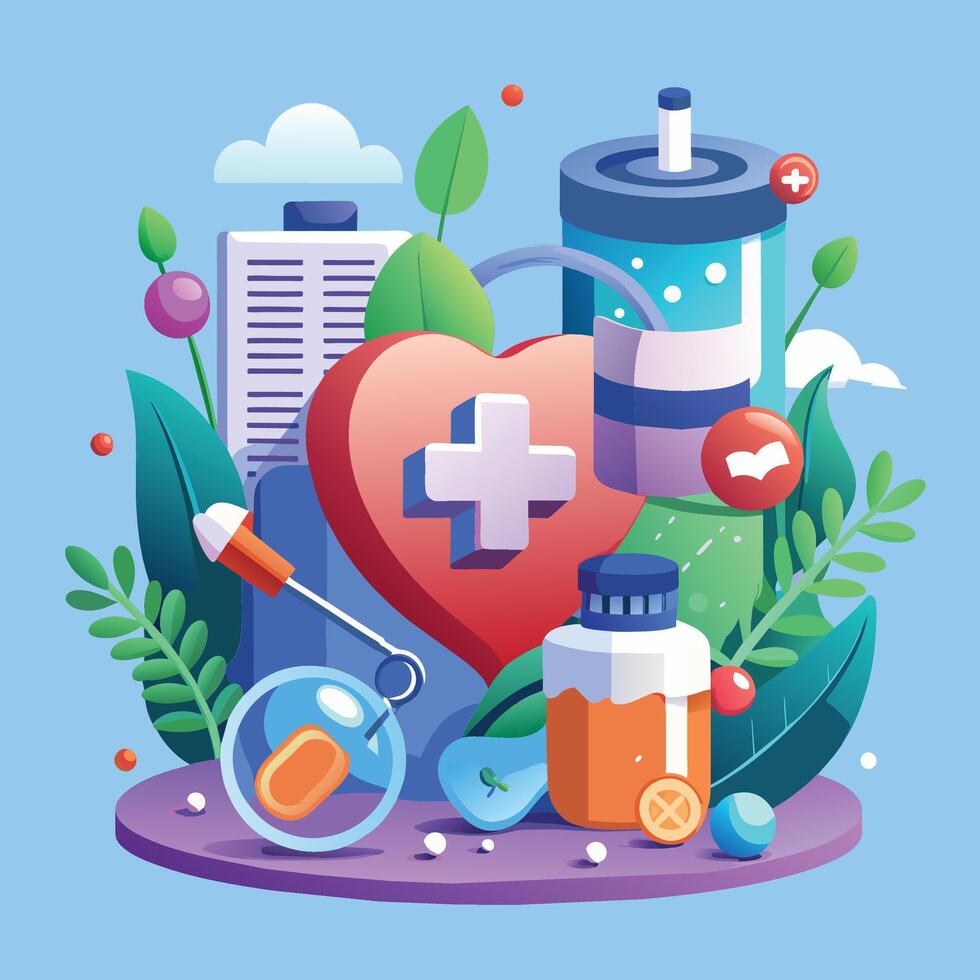 Health care and medicine concept. Vector illustration in flat cartoon style.