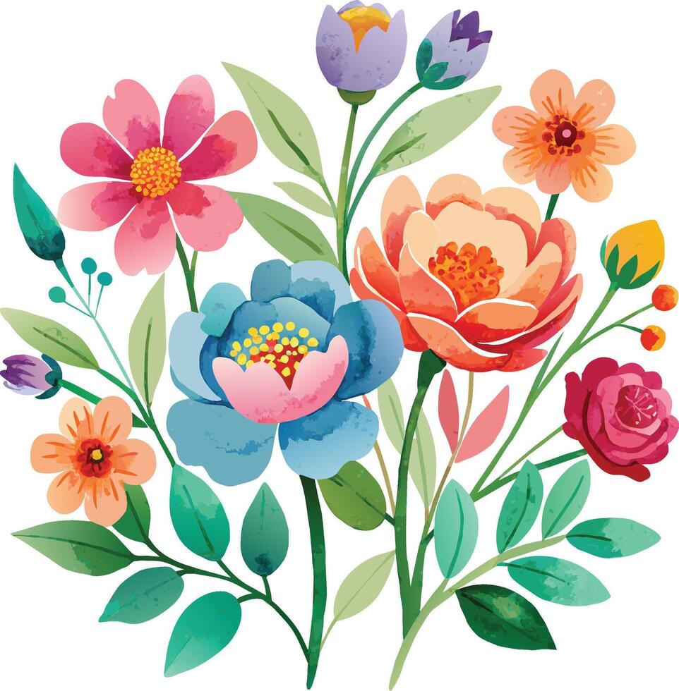 Watercolor Floral bouquet of colorful flowers and leaves. Vector illustration.