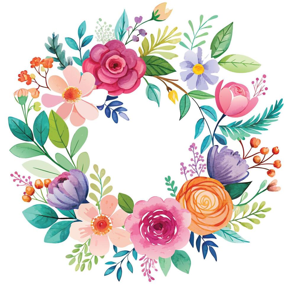 Watercolor floral wreath with flowers and leaves. Hand drawn vector illustration.
