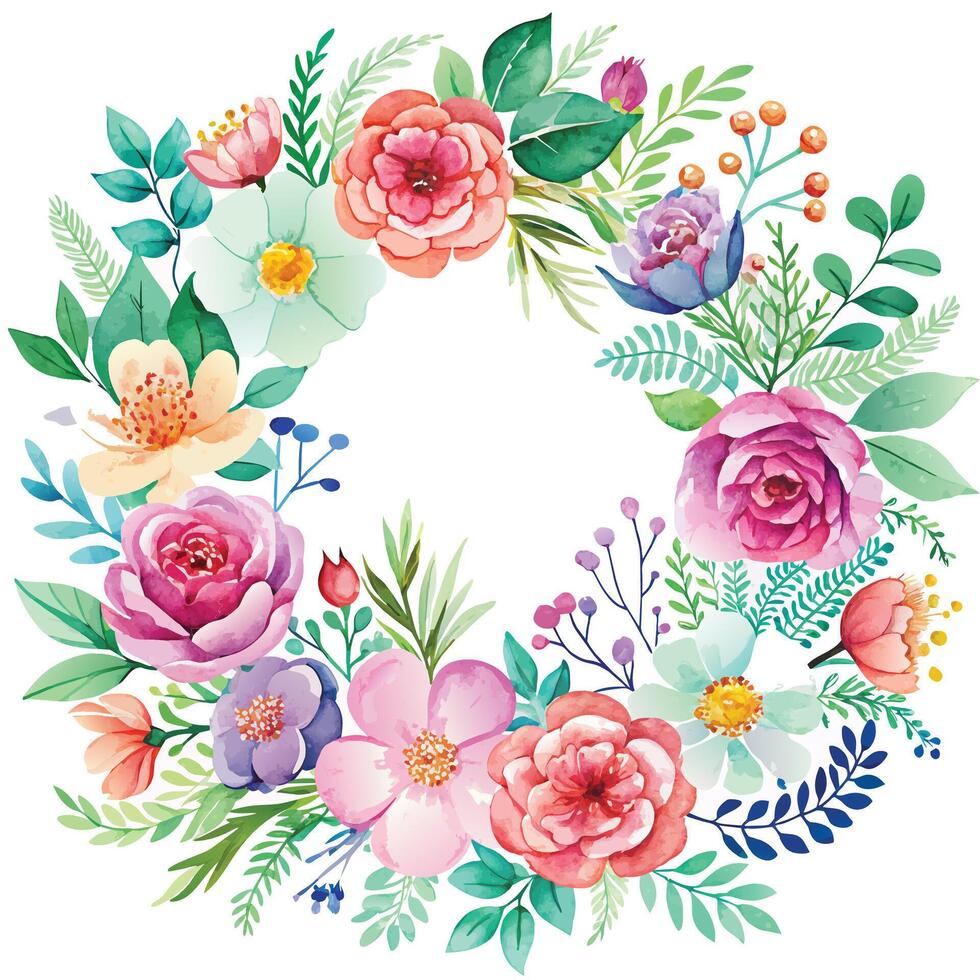 Watercolor floral wreath with flowers and leaves. Hand drawn vector illustration.