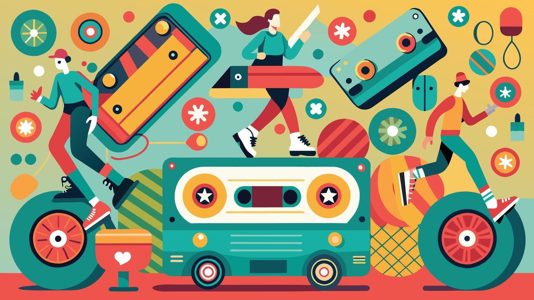 Vector illustration of people riding on vintage audio cassette. Flat style design.