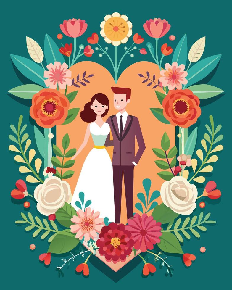 Wedding invitation card. Bride and groom with flowers. Vector illustration