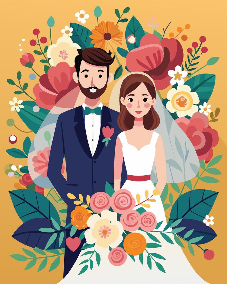 Wedding couple vector illustration. Happy bride and groom on the background of flowers