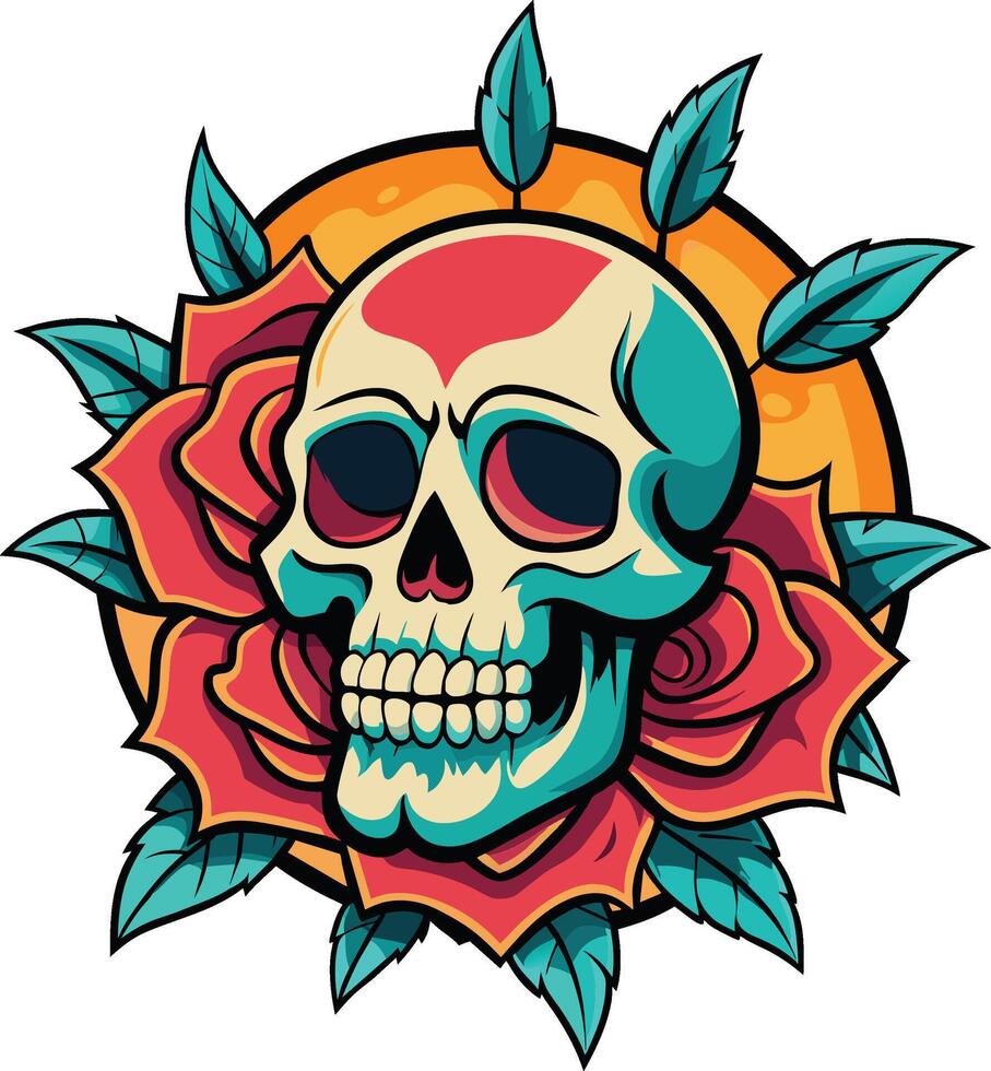 Skull with rose and sun. Vector illustration for t-shirt design.