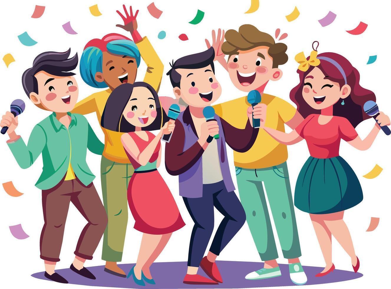 Group of happy young people singing karaoke with microphone vector illustration