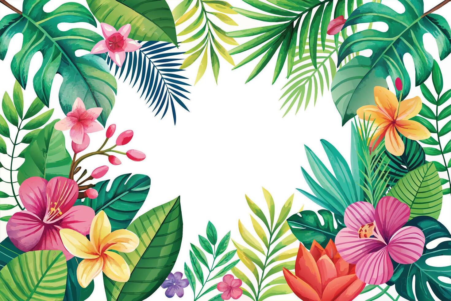 tropical flowers and leafs with frame circular vector illustration design