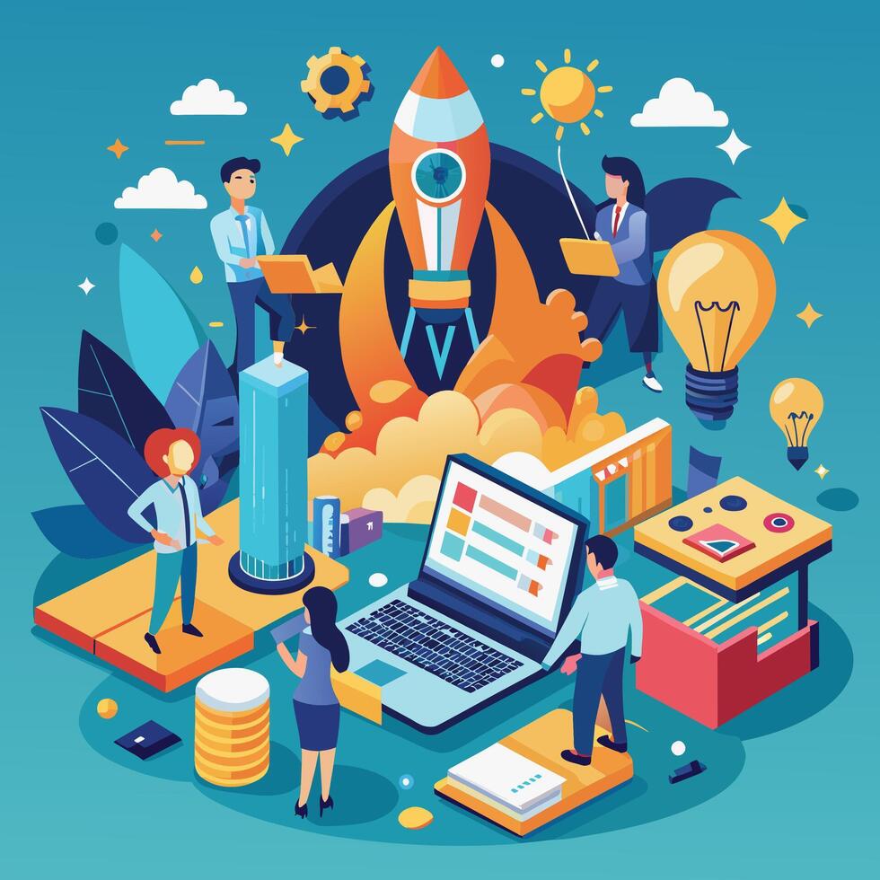 Flat isometric business start up concept with rocket and people vector illustration