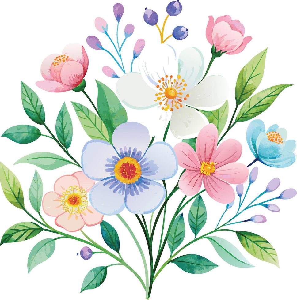 Watercolor Floral bouquet with pink, blue and white flowers and green leaves. Vector illustration.