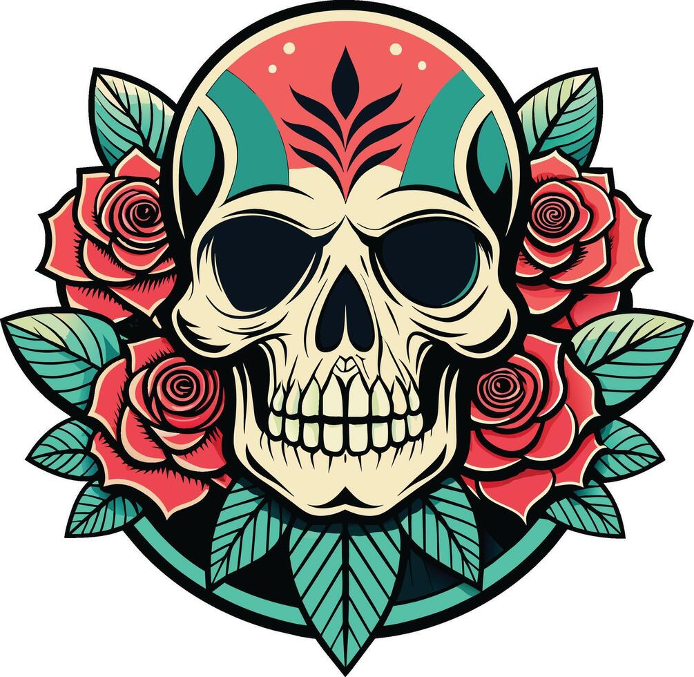 Skull with roses. Vector illustration for tattoo or t-shirt design. retro color