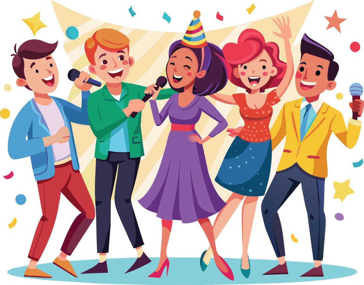 multitud de contento personas canto karaoke plano vector ilustración