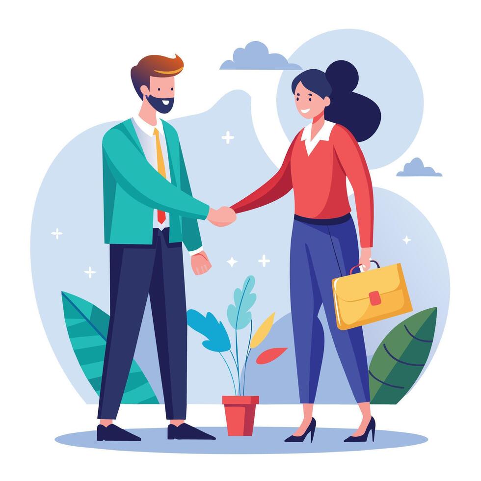 Businessman and businesswoman shaking hands. Vector illustration in a flat style