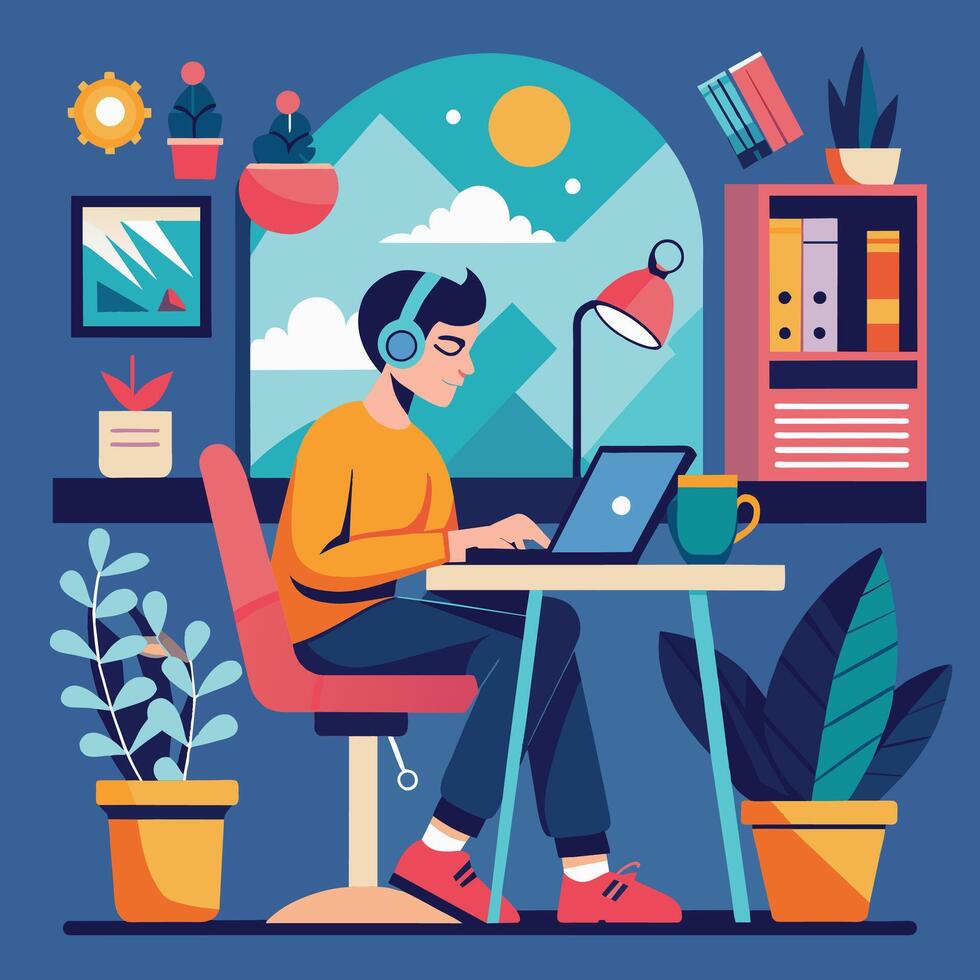 Freelance work at home. Freelance man working at home. Freelance concept. Vector illustration