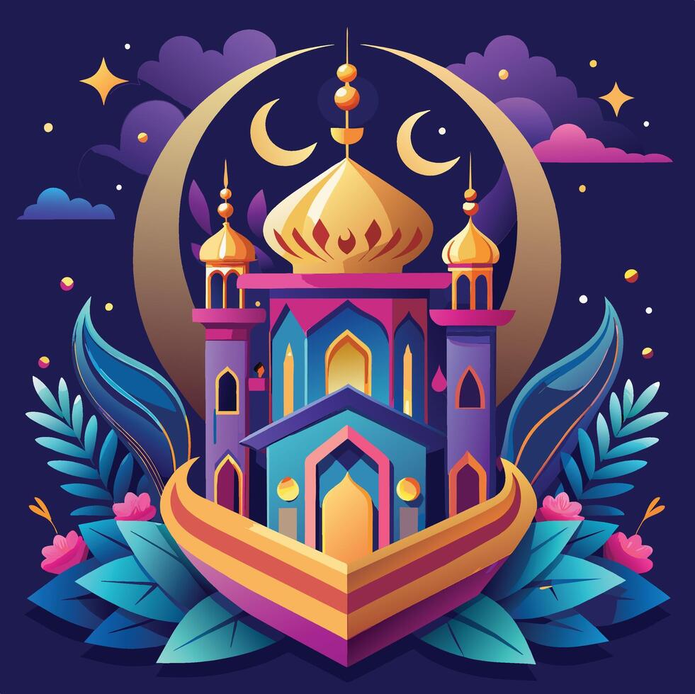 Ramadan Kareem greeting card with mosque and crescent moon. Vector illustration