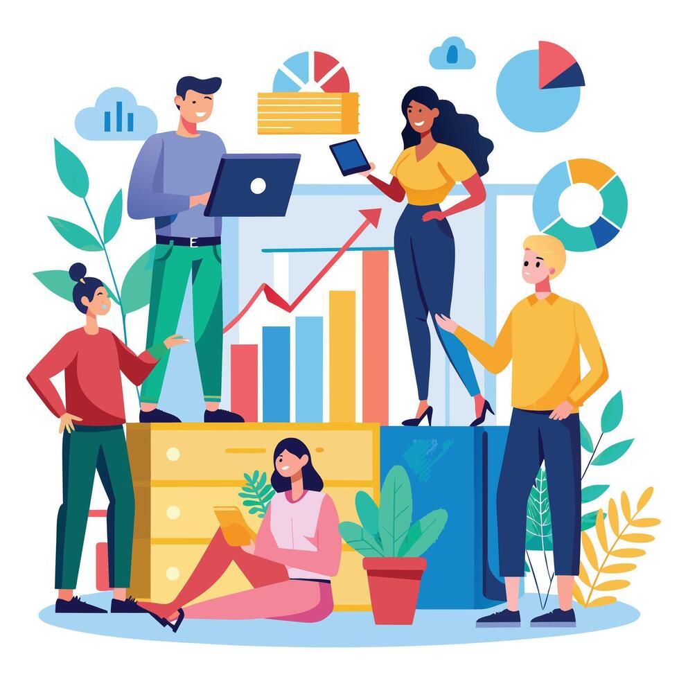 Group of business people working together in office. Flat vector illustration.