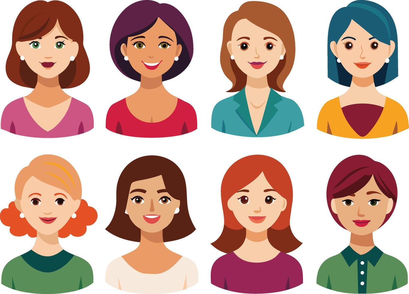 Women avatars set. Different types of women faces. Vector illustration