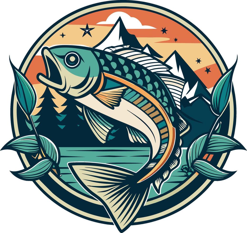 Illustration of a trout fish with mountains in the background  in retro style. vector