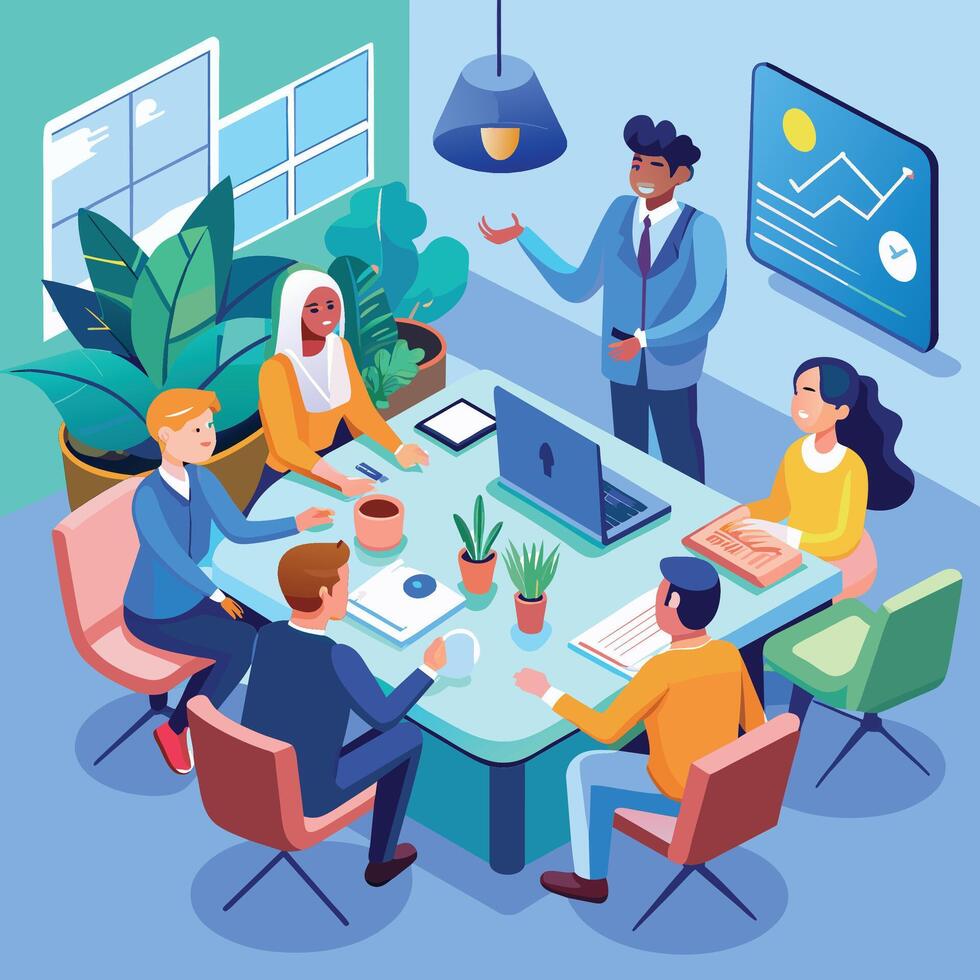 Business meeting composition with office workers sitting around table vector illustration