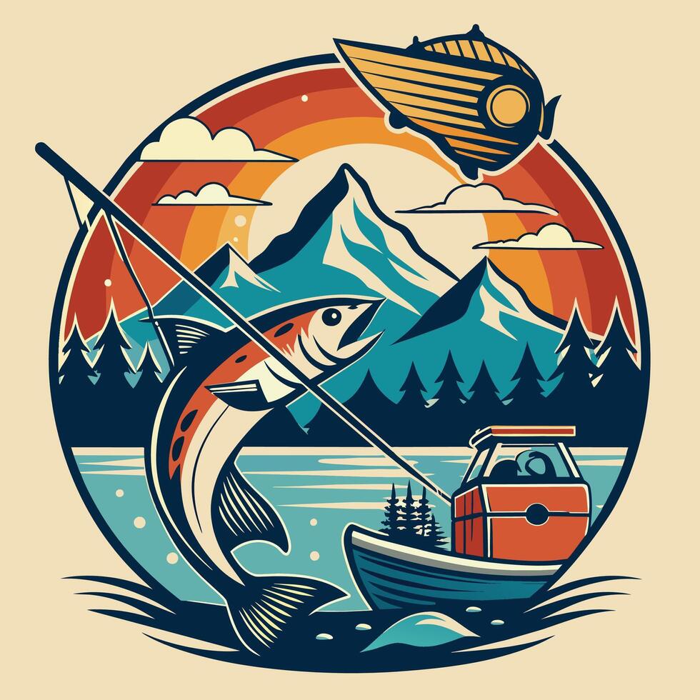 Vintage fishing emblem with a fishing boat, mountains and fish in the water, vector illustration