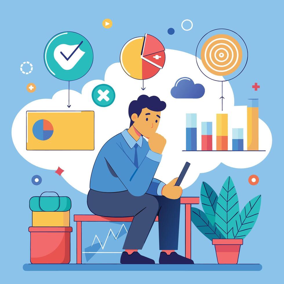 Businessman sitting on the bench and thinking about problem solving. Vector illustration
