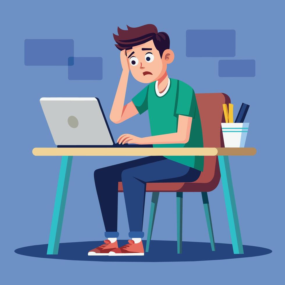 Sad man sitting at the table with laptop. Vector illustration in cartoon style.