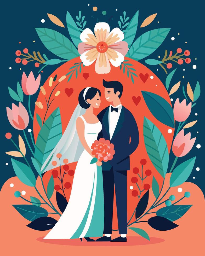 Boda Pareja. novia y novio. vector ilustración en plano estilo