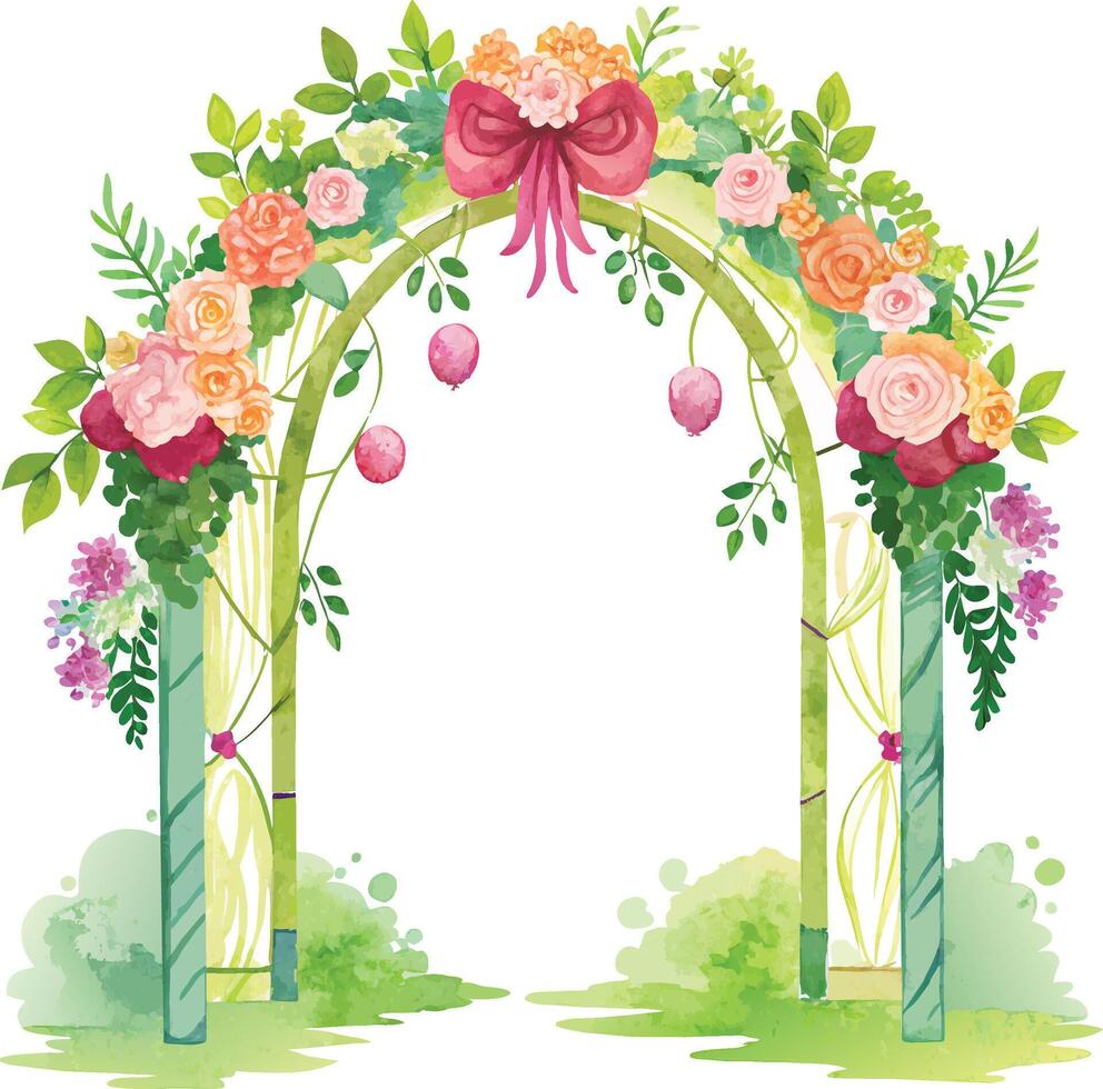 Wedding arch with flowers and greenery. Vector illustration.