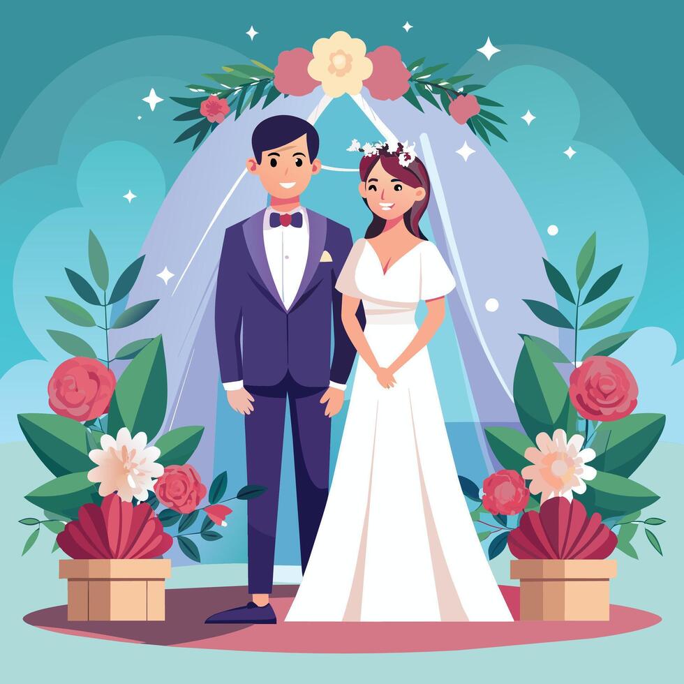 Wedding couple. Bride and groom. Vector illustration in flat style