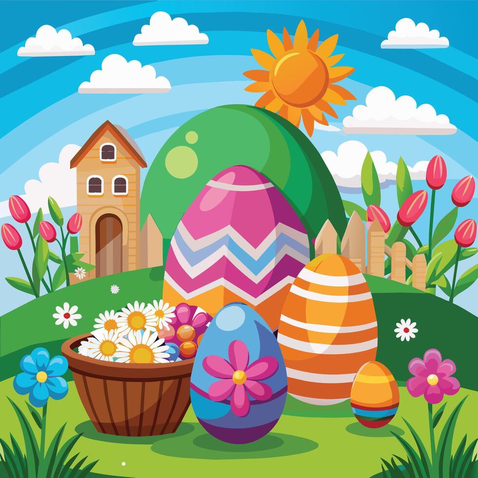 Pascua de Resurrección huevos y flores en el jardín vector ilustración gráfico diseño.