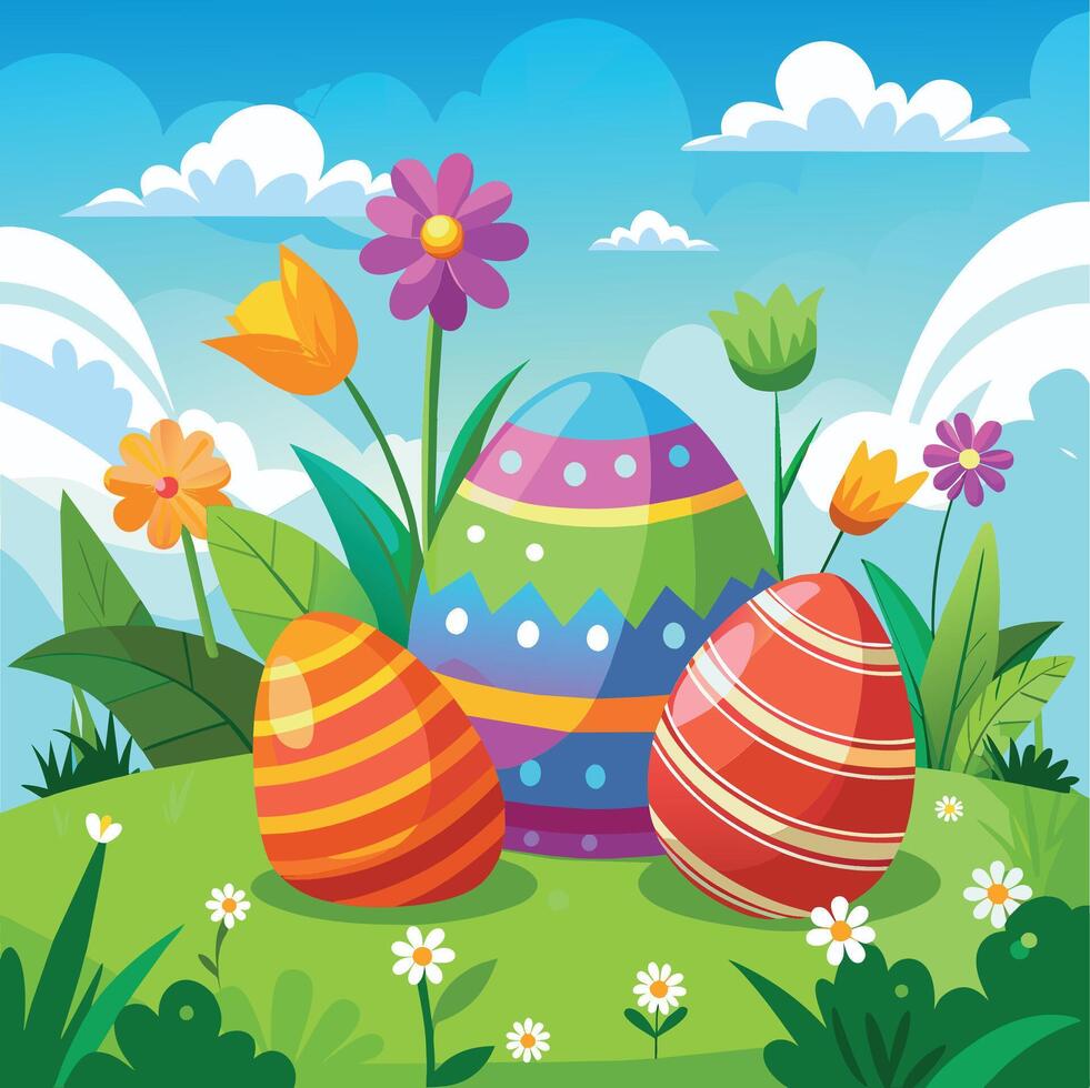 Colorful easter eggs in the meadow. Vector illustration.